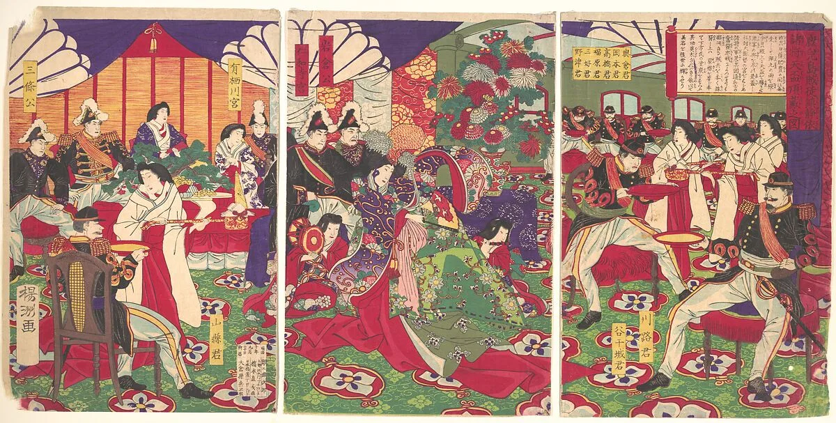 『鹿児島賊徒鎮静依諸将 天杯頂戴之図』|Leaders of the Pacification of the Kagoshima Rebels Celebrating with Cups of Wine from the Emperor (Kagoshima zokuto chinsei ni yotte shoshō tenhai chōdai no zu) — Yōshū (Hashimoto) Chikanobu