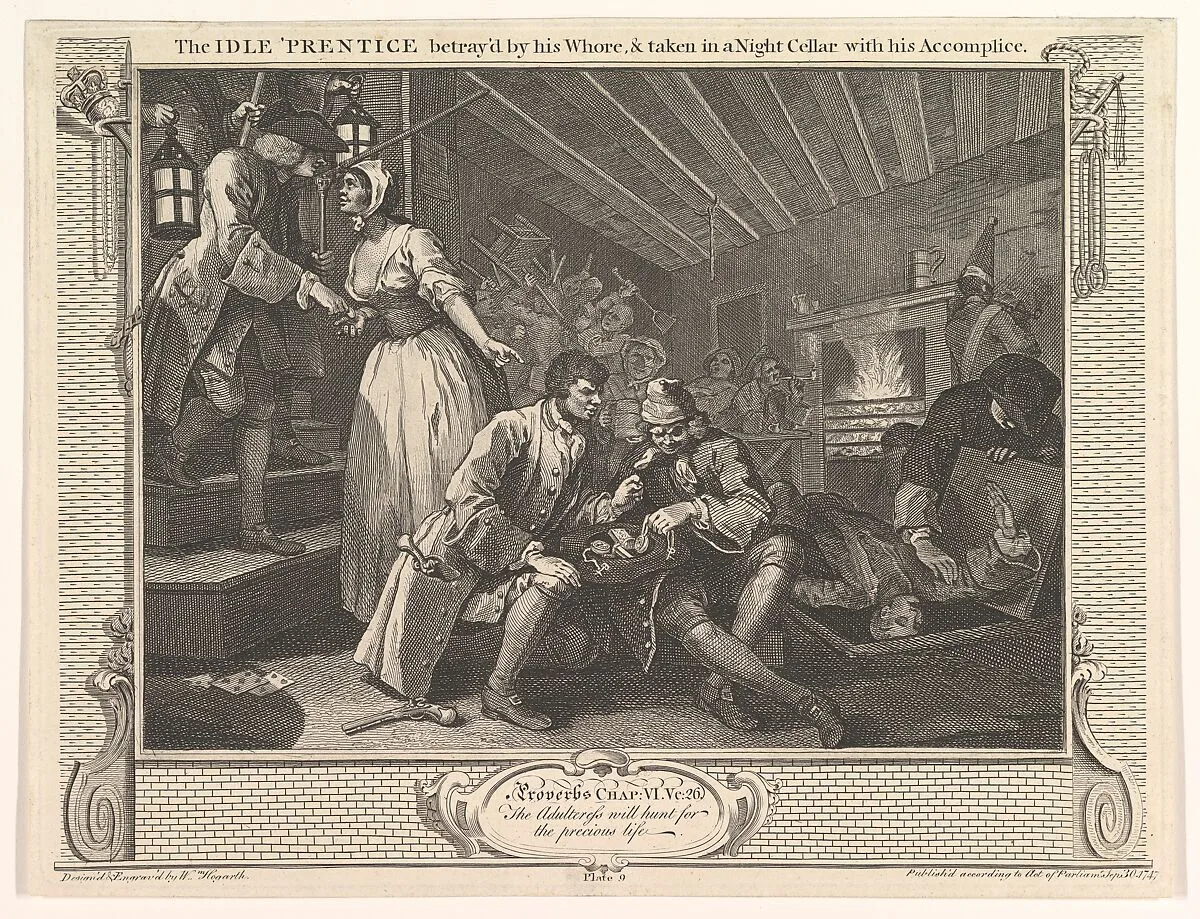 The Idle 'Prentice Betrayed by his Whore and Taken in a Night Cellar with his Accomplice (Industry and Idleness, plate 9) — William Hogarth