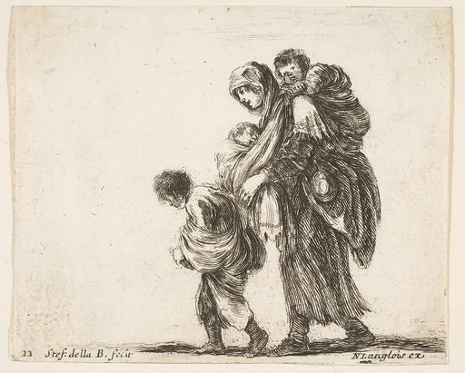 A beggar woman with three children, one child on her shoulders, one child in her arms, and one child who walks in front of her to left, plate 22 from "Diversi capricci"