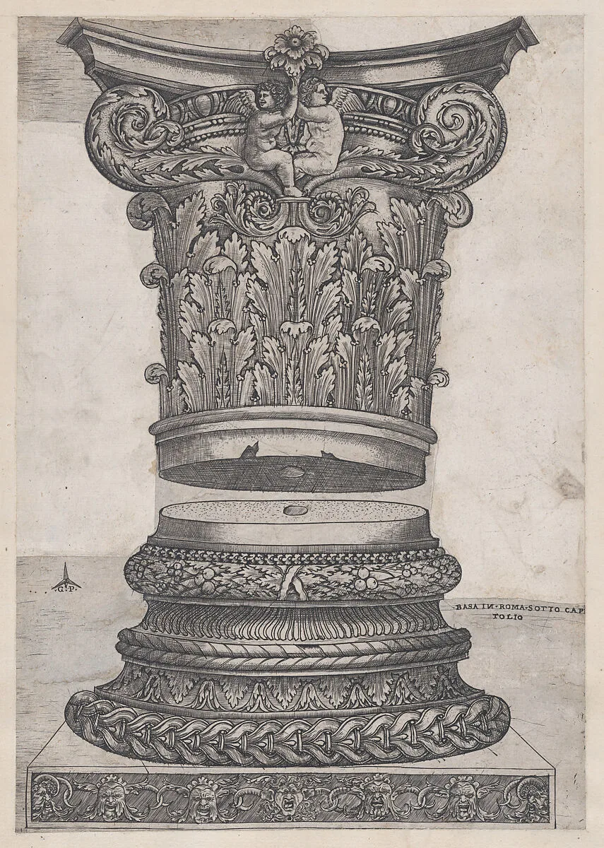 Speculum Romanae Magnificentiae: Decorated capital and base — Monogrammist G.A. & the Caltrop