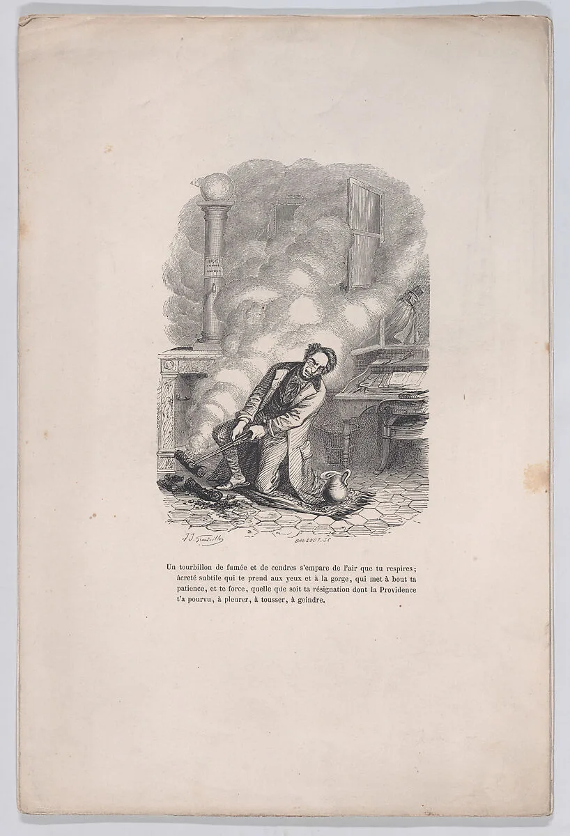 "A whirlwind of smoke and ashes seizes the air you breathe." from the Little Miseries of Human Life — J. J. Grandville|Paul-Emile-Daurand Forgues|Brugnot|Henri Fournier