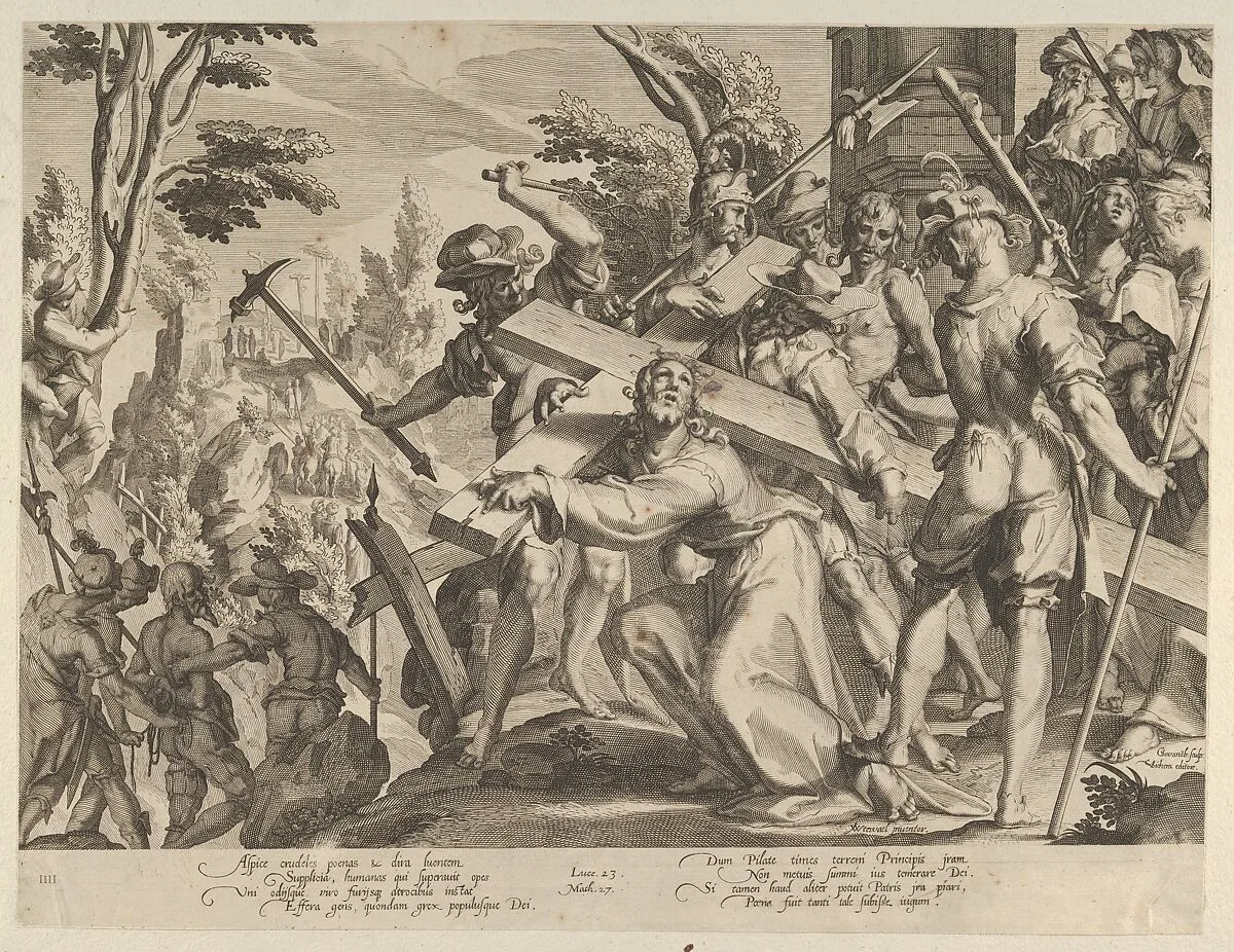 Christ Carrying the Cross, from Thronus Justitiae, tredecim pulcherrimus tabulis..., plate 4 — Joachim Wtewael|Willem van Swanenburg|Christoffel van Sichem I