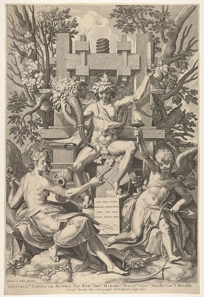 Bacchus, Music, Amor — Johann Sadeler I|Joos van Winghe