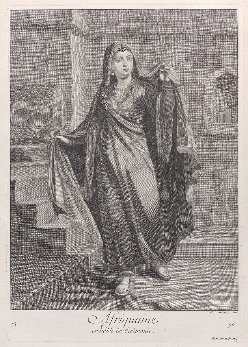 Afriquaine, en habit de Cèrèmonie, plate 96 from "Recueil de cent estampes représentent differentes nations du Levant" — Jean Baptiste Vanmour|Gérard Jean Baptiste Scotin I|Jacques le Hay