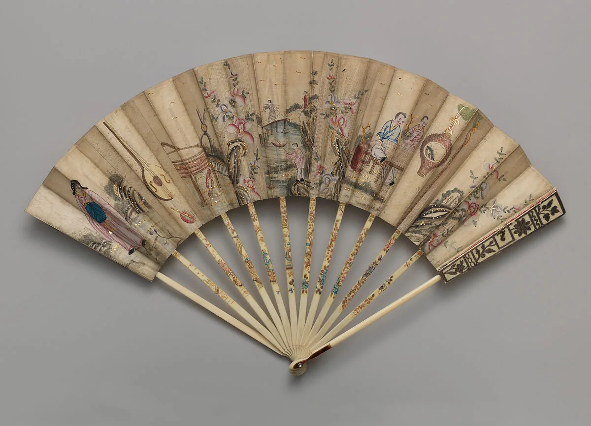 Folding Fan with Representations of Musical Instruments, Musicians and a Fisherman in a Landscape — Unknown