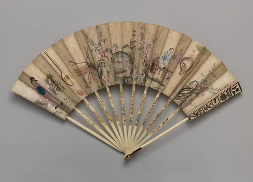 Folding Fan with Representations of Musical Instruments, Musicians and a Fisherman in a Landscape