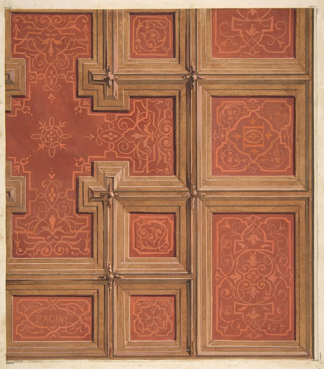Design for the decoration of a coffered ceiling ornamented with the name "Racine" and entwined letters: DD — Jules-Edmond-Charles Lachaise|Eugène-Pierre Gourdet