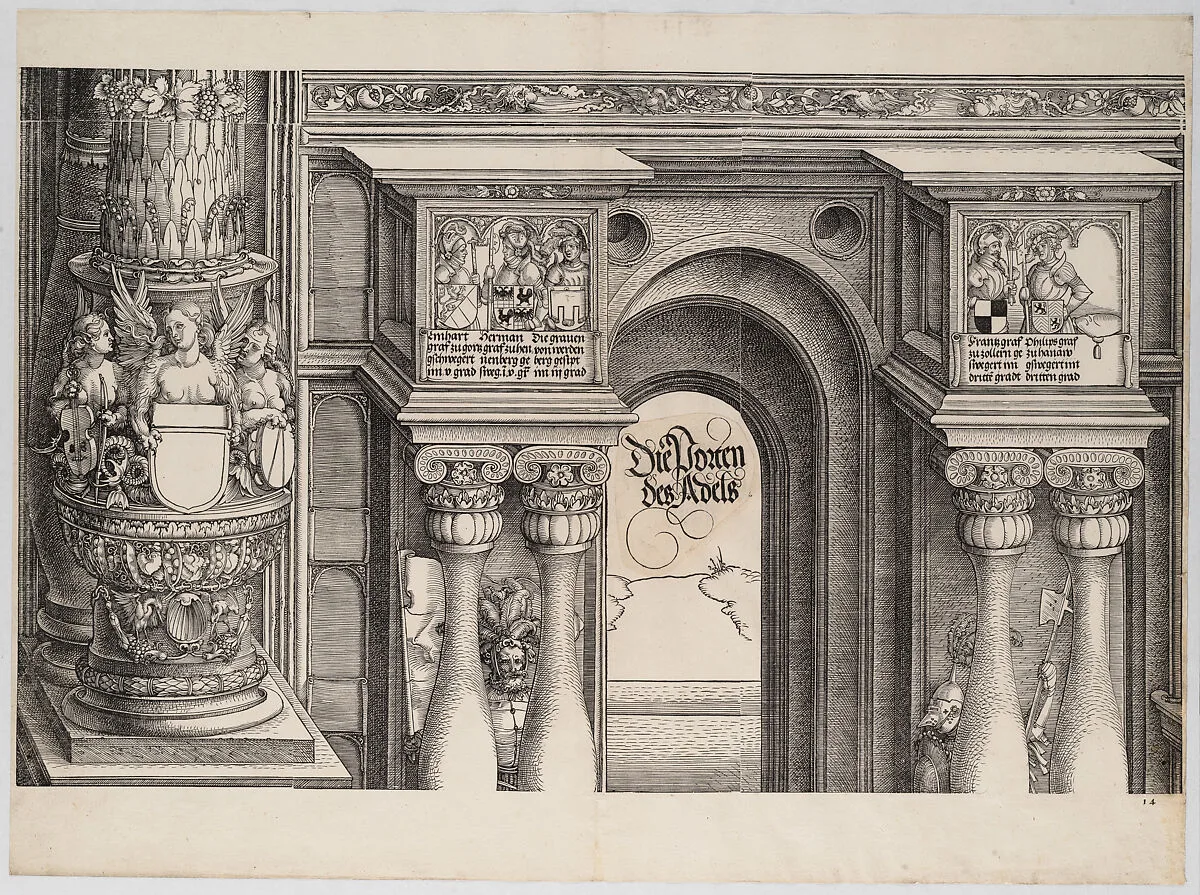 The Arch in the Entryway of the Right Portal (Die Porten des Adels); and the Outer Right Column of the Central Portal, from the Arch of Honor, proof, dated 1515, printed 1517-18 — Hans Springinklee|Hieronymus Andreae|Albrecht Dürer|Wolf Traut