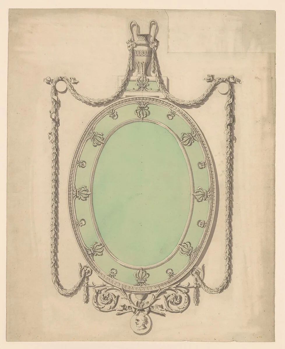 Design for an Oval Mirror, Surmounted by an Urn and Draped with Neoclassic Swags — Sir William Chambers