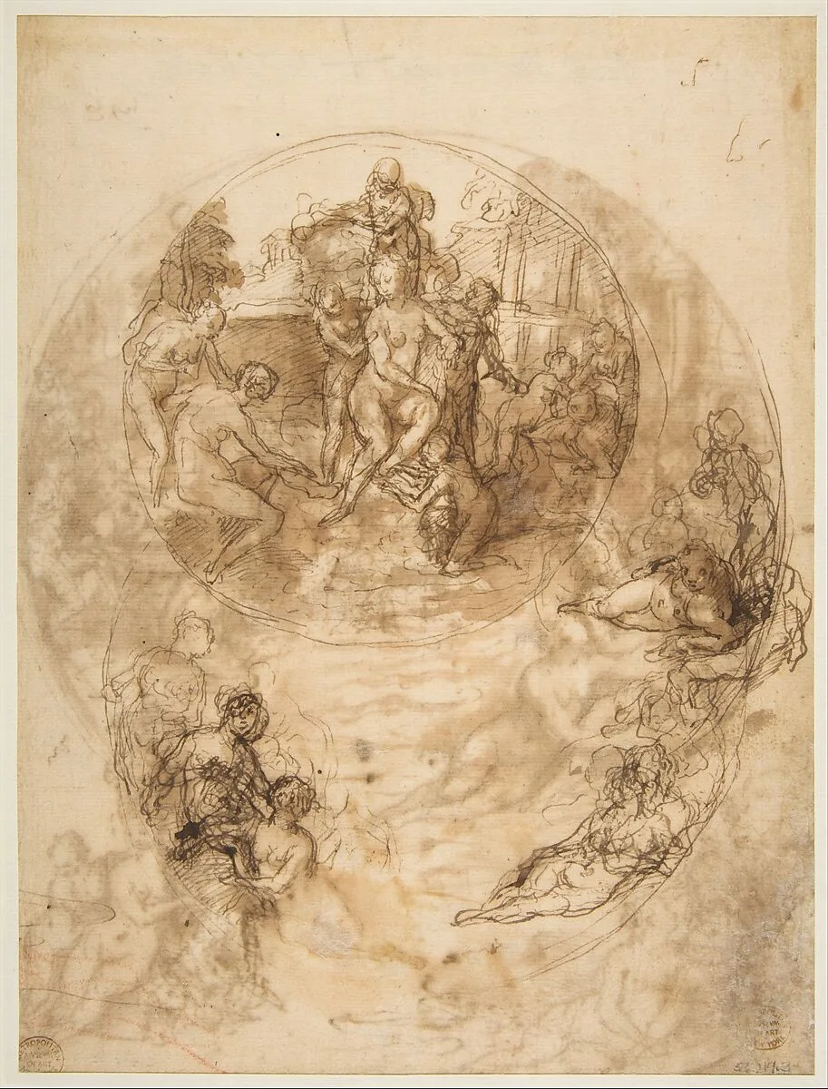Studies for a Circular Composition of Diana and Her Nymphs Bathing (recto); Studies for the Same Composition (verso) — Taddeo Zuccaro