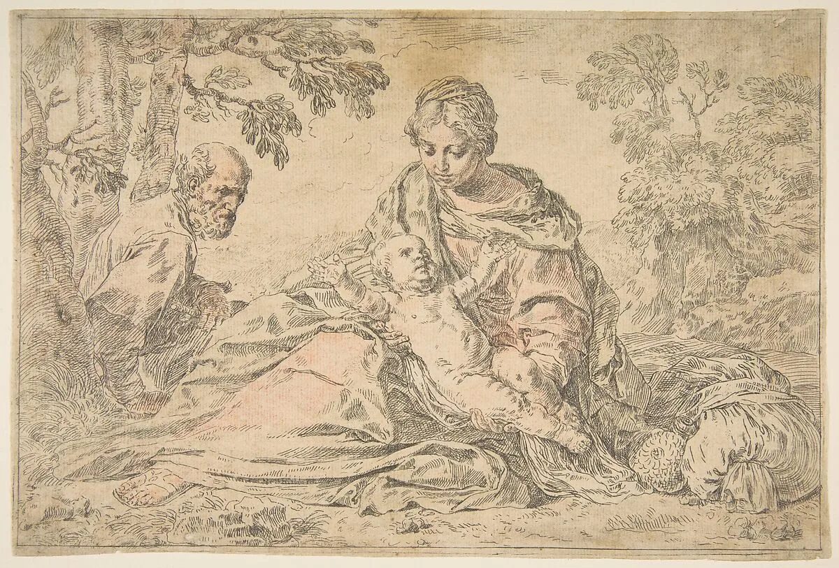 Rest on the flight into Egypt, Mary holding the infant Christ with St. Joseph at left — Simone Cantarini