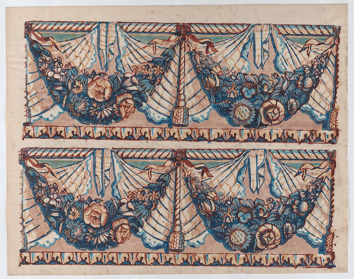 Sheet with a two borders with hanging drapery and two blue floral garlands — Anonymous|Remondini Family
