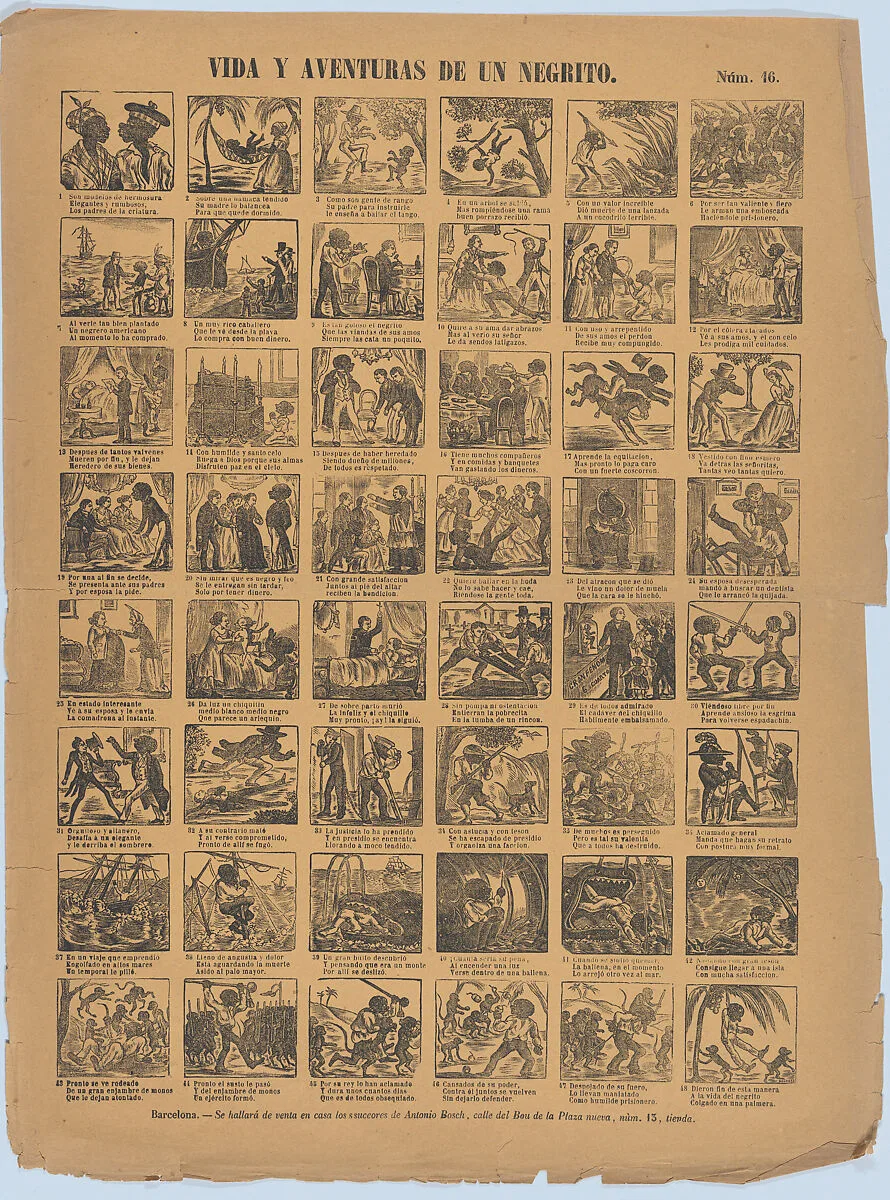Broadside with 48 scenes relating to the life and adventures of a black man (negrito) — Antonio Bosch|José Noguera