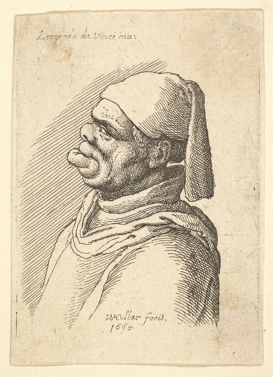 Bust of a deformed man with a hat and a fat, protruding lower lip in profile to left — Leonardo da Vinci|Wenceslaus Hollar