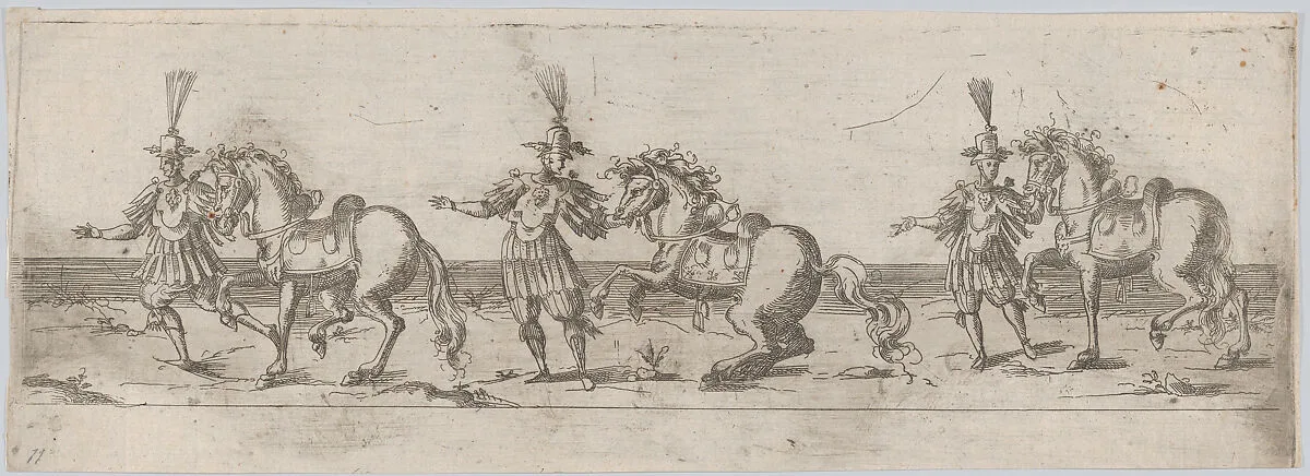 Procession, with three men leading three horses — Anonymous, German, 16th century