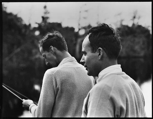 [Joseph Verner Reed and Unidentified Man Fishing on Dayboat, Possibly Everglades, Florida]