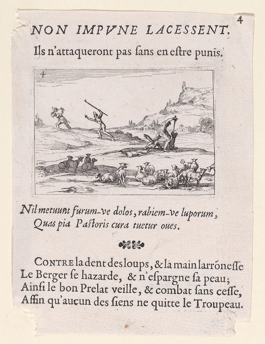 Les Bergers Défendant leur Troupeau (The Shepherds Defending their Herd), from Lux Claustri ou La Lumière du Cloitre (The Light of the Cloisters), plate 4 — Jacques Callot|François Langlois