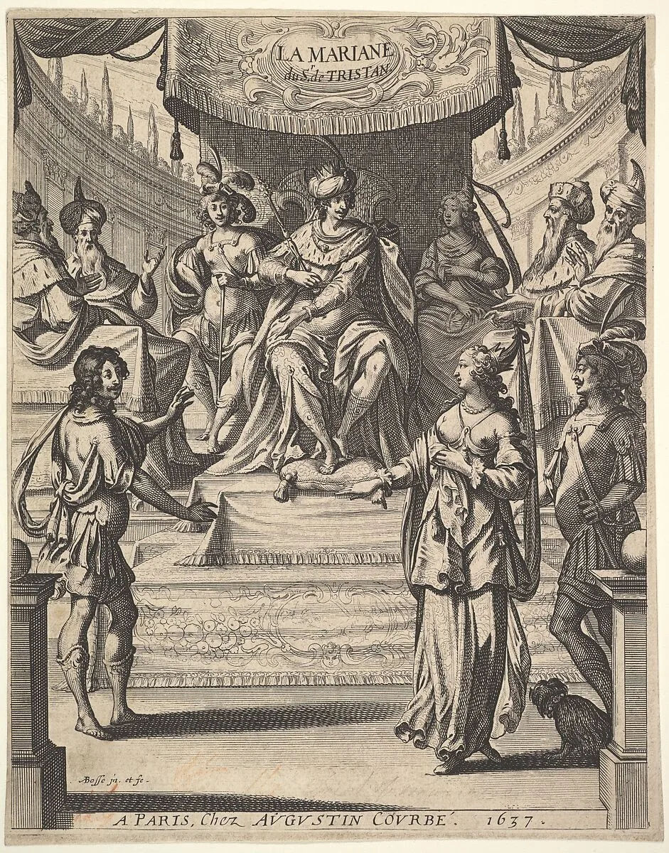 Frontispiece for "Tristan L'Hermite": Marianne standing to right before Herod and his court at top center, being accused by the butler at left of poisoning her husband — Abraham Bosse|Augustin Courbé