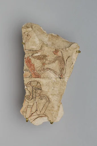 Ostracon depicting an animal fable or myth in the upper register and a princess (?) in the lower