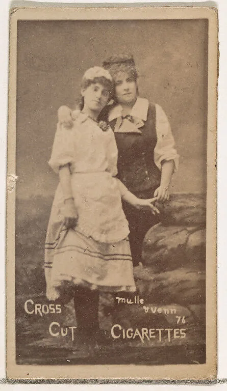 Card Number 76, Ida Mulle and Guenn (?), from the Actors and Actresses series (N145-1) issued by Duke Sons & Co. to promote Cross Cut Cigarettes — W. Duke, Sons & Co.