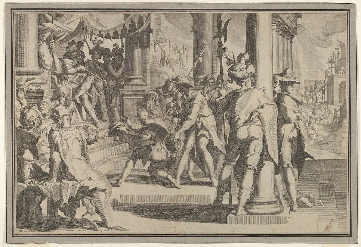 Allegory of Justice (Sanctity of the Law) with a court scene depicting a man being pardoned by a judge, plate XII from Thronus Justitiae, tredecim pulcherrimus tabulis... — Willem van Swanenburg|Christoffel van Sichem II|Joachim Wtewael