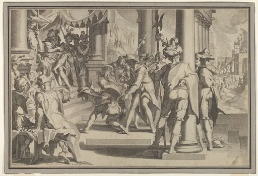 Allegory of Justice (Sanctity of the Law) with a court scene depicting a man being pardoned by a judge, plate XII from Thronus Justitiae, tredecim pulcherrimus tabulis...
