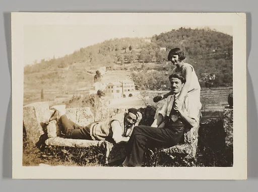 [Lucien Jacques, André Maury, and Georgette Maury Seated and Reclining on Stone Wall, Provence, France]