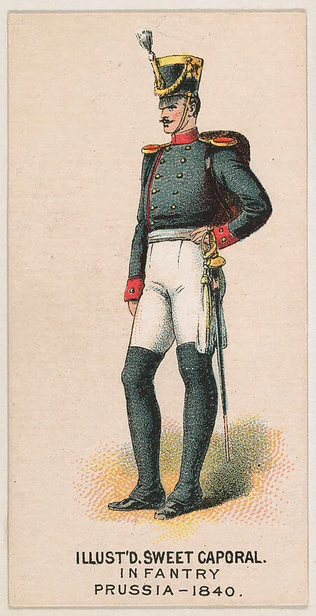 Infantry, Prussia, 1840, from the Military Series (N224) issued by Kinney Tobacco Company to promote Sweet Caporal Cigarettes — Kinney Brothers Tobacco Company