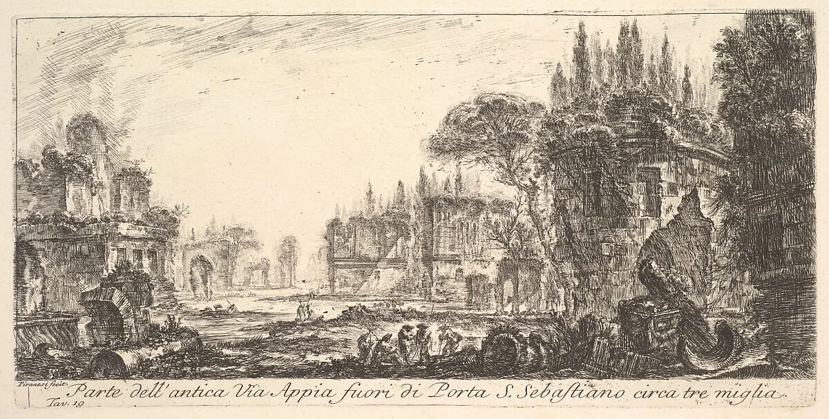 Plate 19: Part of the ancient Appian Way about three miles outside Porta S. Sebastiano, from "Alcune Vedute di Archi Trionfali ed altri monumenti inalzati da Romani parte de quali se veggono in Roma e parte per l'Italia" (Some Views of Triumphal Arches and other monuments erected by the Romans, some of which are in Rome and some elsewhere in Italy) — Giovanni Battista Piranesi|Giovanni Bouchard