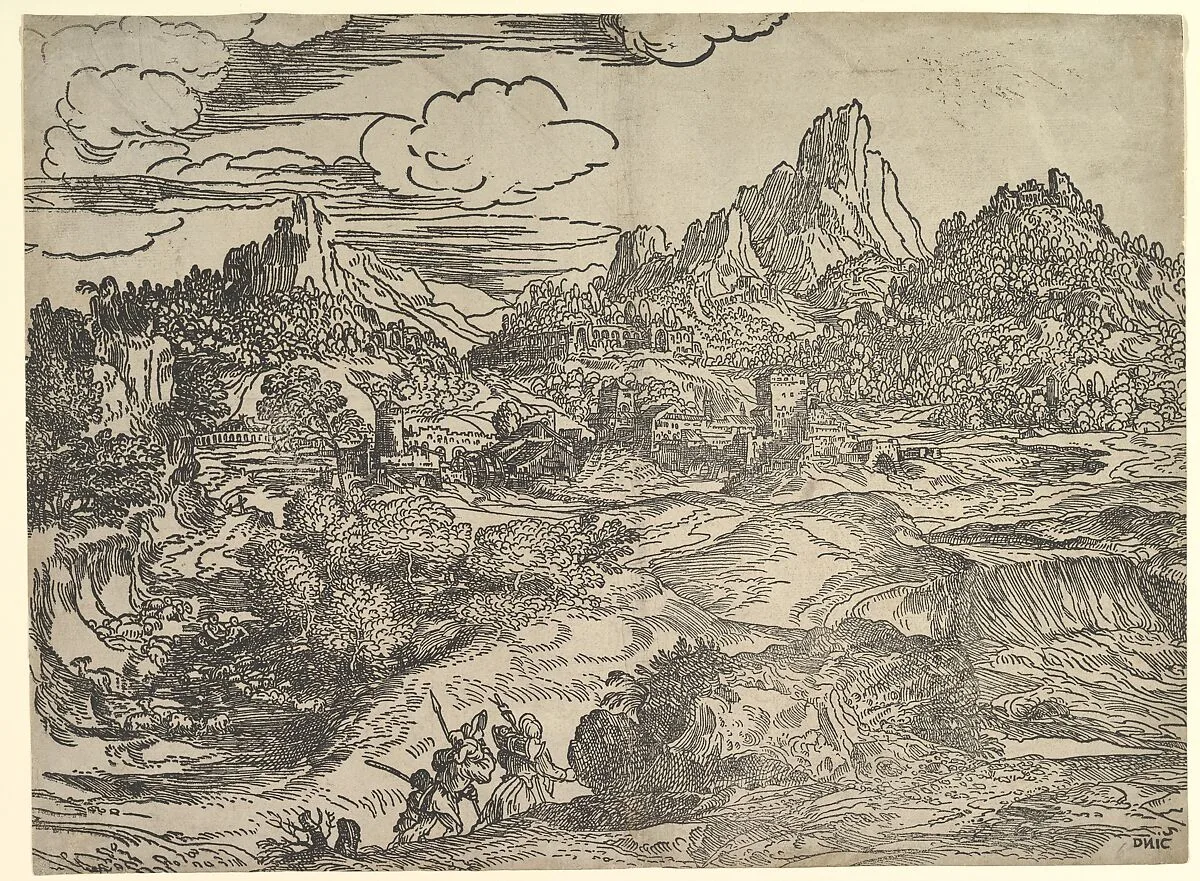Landscape with family walking together in the foreground, at left two figures with herd of goats and sheep; a mill (?) and other buildings in the background — Domenico Campagnola