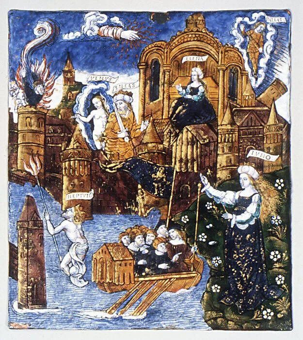 The Fall of Troy; Helen Takes Refuge in the Sanctuary of Vesta; Venus Counsels Aeneas; Juno Encourages the Greeks (Aeneid, Book II) — Master of the Aeneid