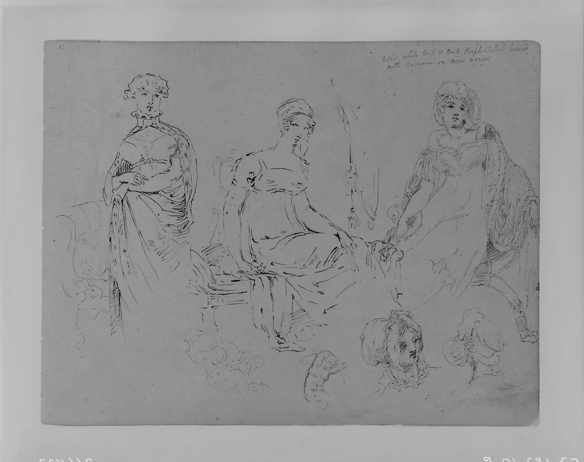 One Standing Woman; Two Seated Women in Fashionable Attire, All 3/4 Length; Two Female Heads in Bonnets (from Sketchbook) — Thomas Sully