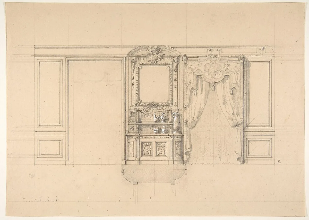 Elevation of a dining room with a carved buffet and window draperies — Jules-Edmond-Charles Lachaise|Eugène-Pierre Gourdet