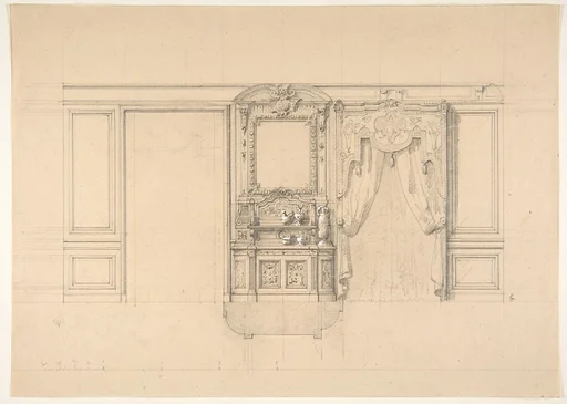 Elevation of a dining room with a carved buffet and window draperies
