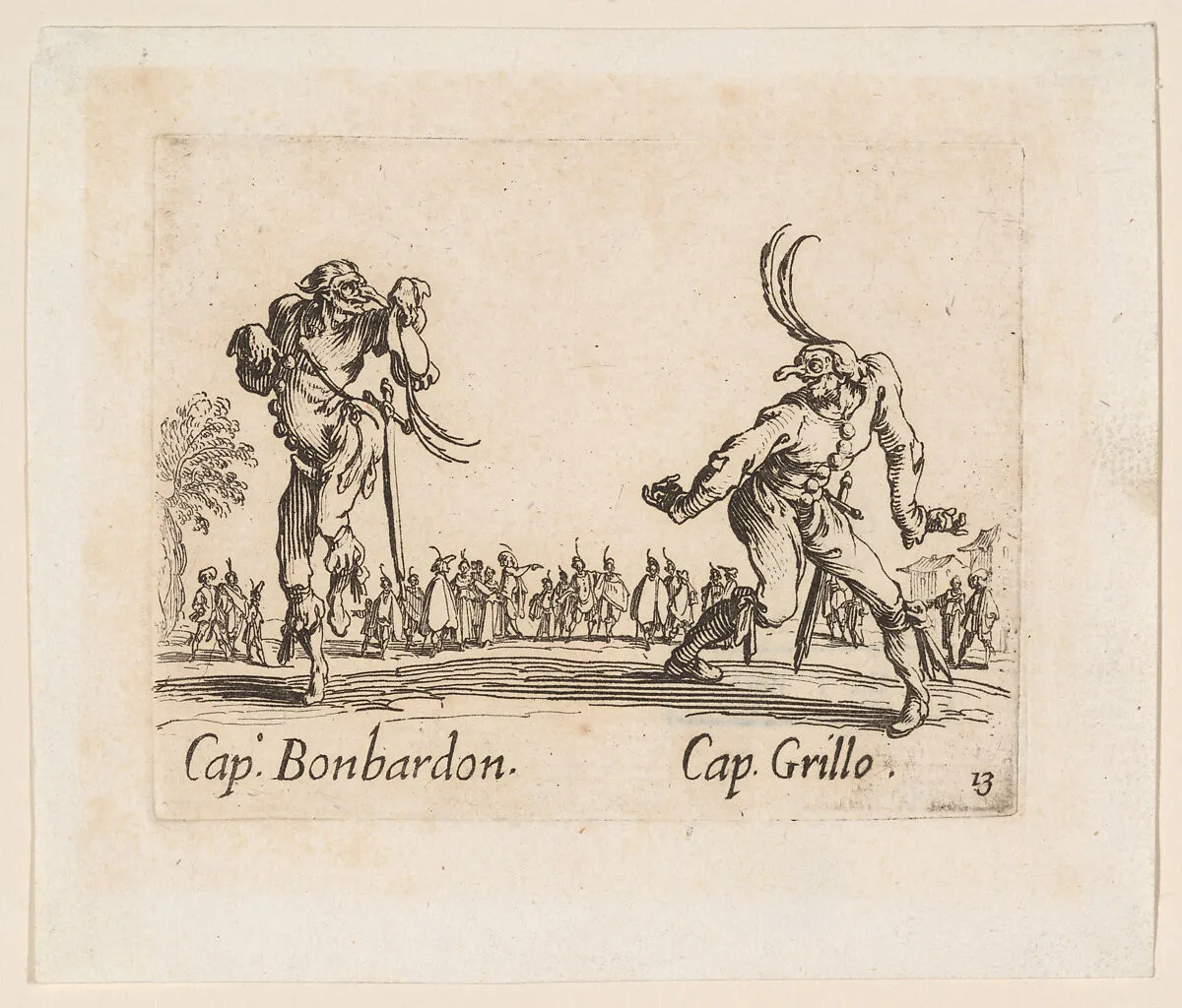 Capitano Bonbardon and Capitano Grillo, from Balli di Sfessania (Dance of Sfessania), plate 13 — Jacques Callot|Israel Silvestre