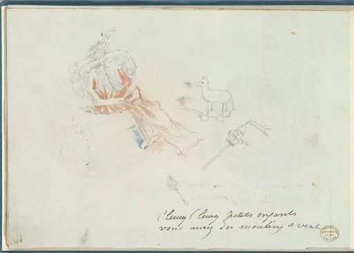 A Costume Design Sketch for a Hat and Three Sketches of Children's Toys