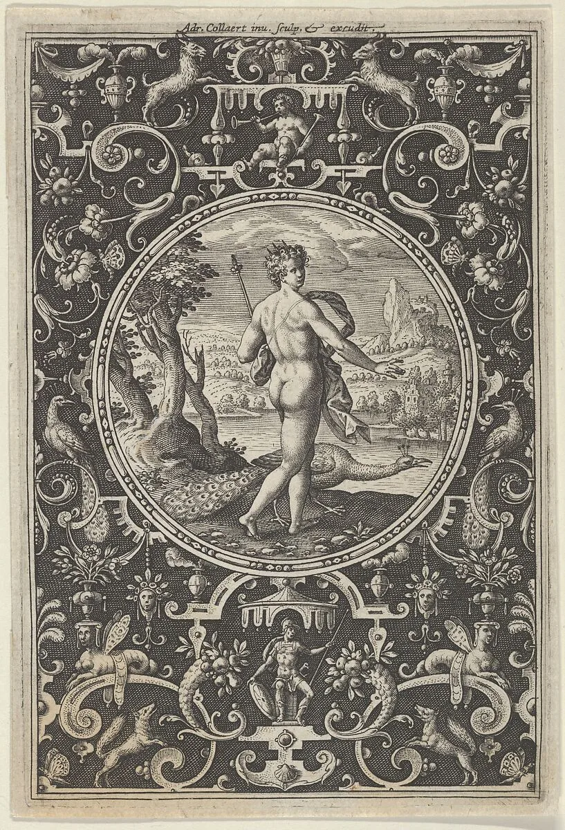 Juno in a Decorative Frame with Grotesques, from the Judgment of Paris — Adriaen Collaert