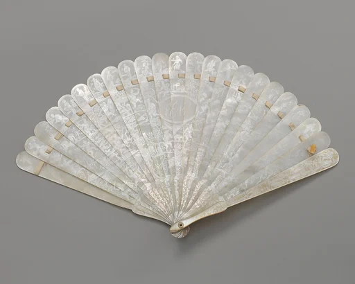 Brisé Fan, with representations of warriors in a Chinese landscape, and EN monogram