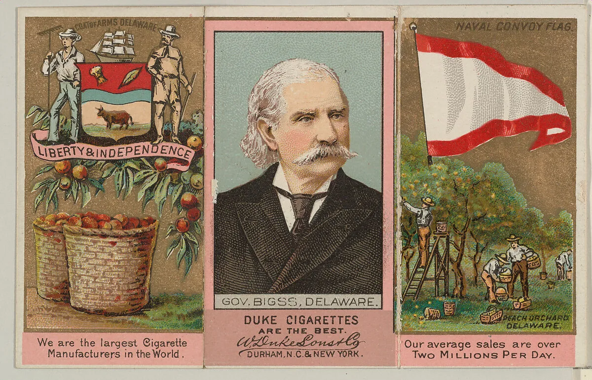 Governor Biggs, Delaware, from "Governors, Arms, Etc." series (N133-2), issued by Duke Sons & Co. — W. Duke, Sons & Co.