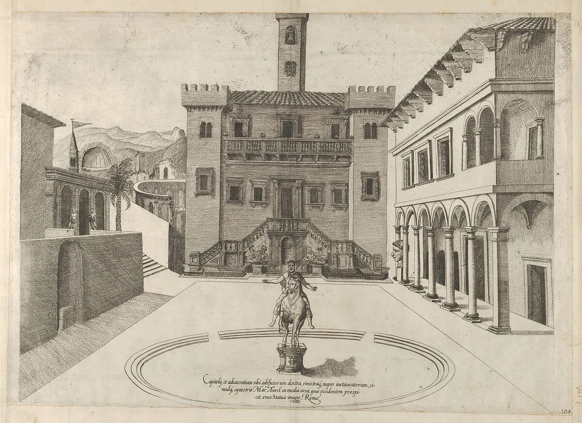 View of the Capitoline Hill during Michelangelo's restoration, the equestrian monument of Marcus Aurelius in the centre from the 'Speculum Romanae Magnificentiae:' — Anonymous|Nicolas Beatrizet
