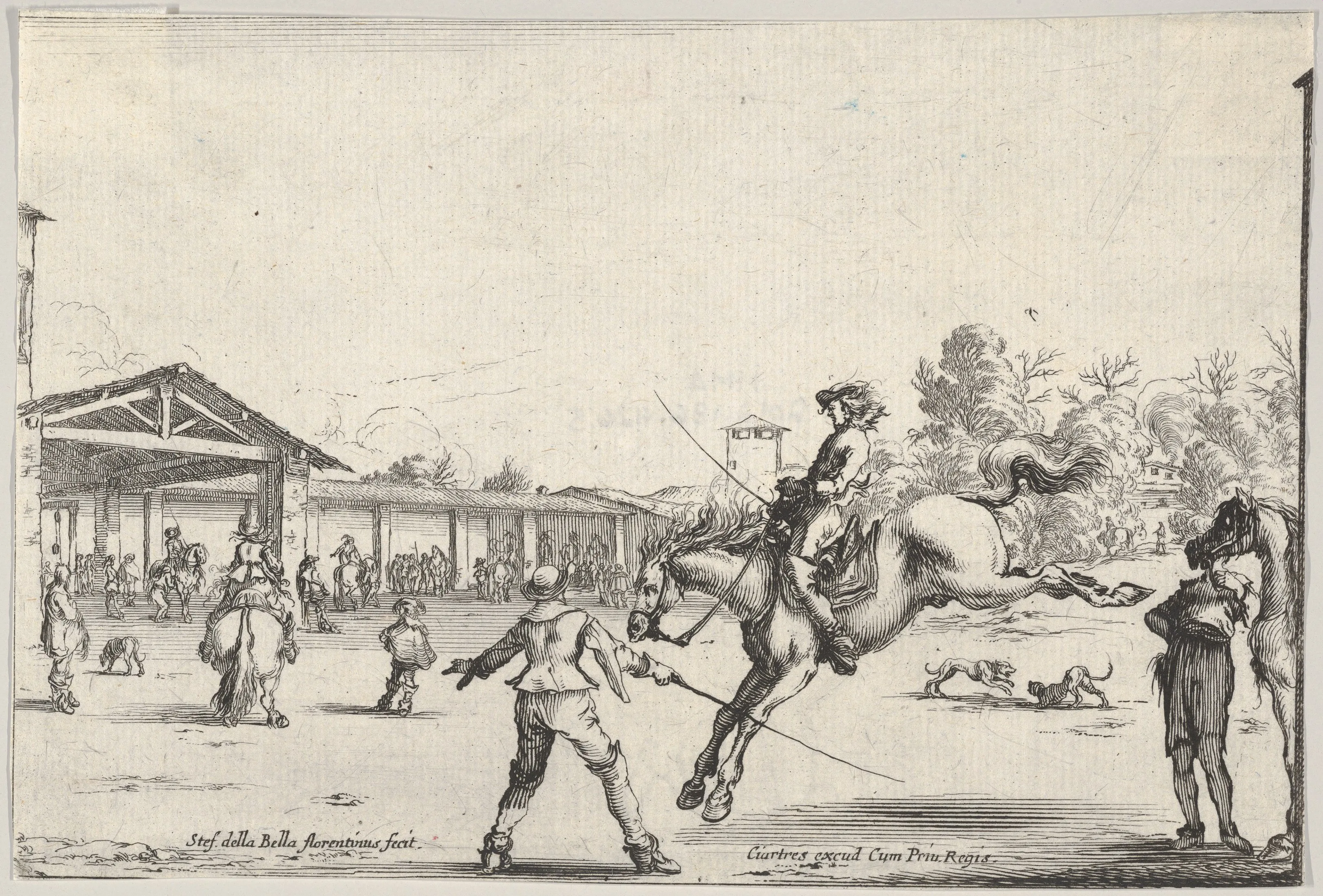 A riding school, a horseman with sword jumping directed by another man with a sword in center, a man standing next to his horse to right, various horsemen, the school, and two dogs in the background, from 'Varie figure' — Stefano della Bella|François Langlois