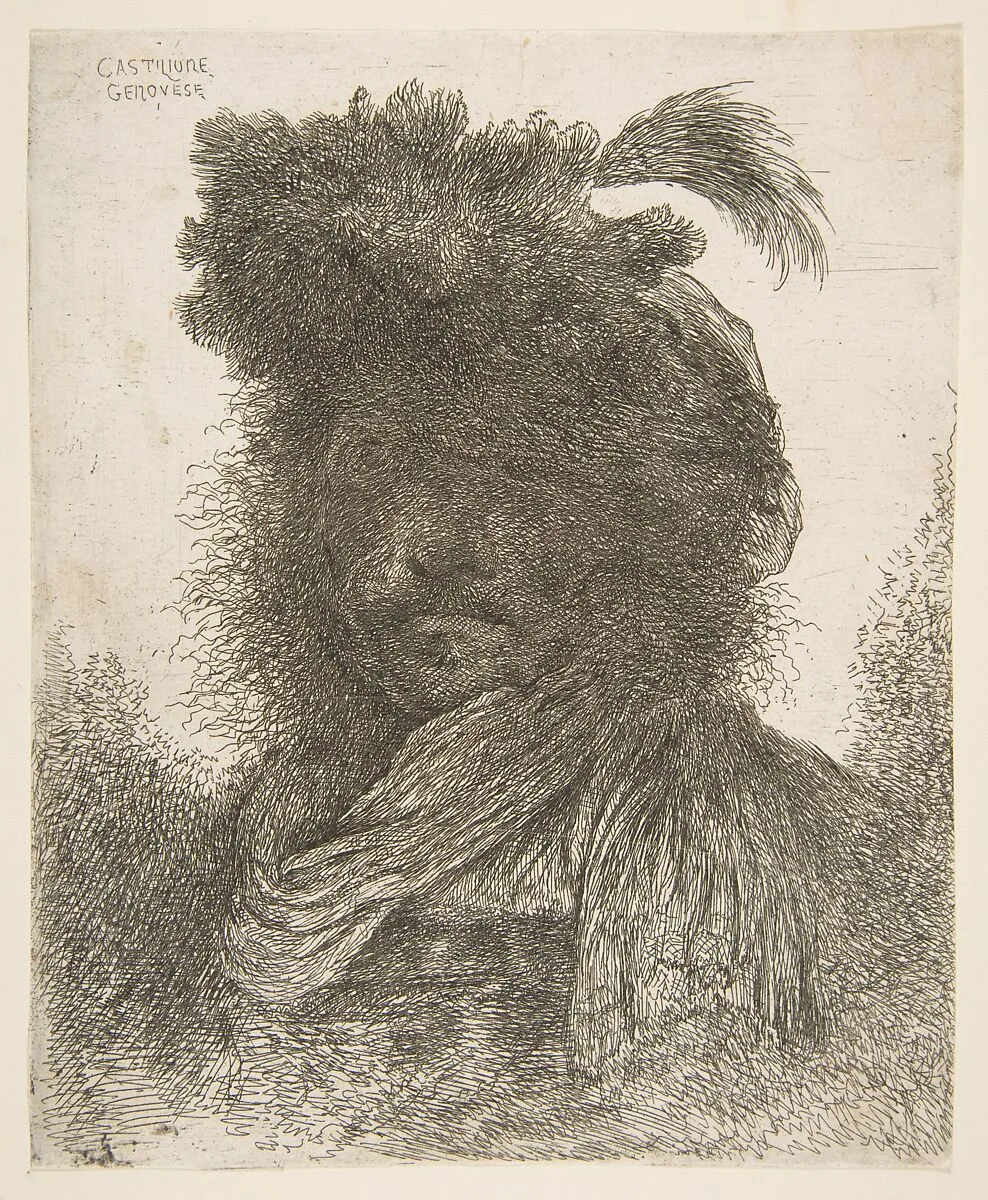 Head of a man in shadow turned slightly to the left, from "Large Oriental Heads" — Giovanni Benedetto Castiglione (Il Grechetto)