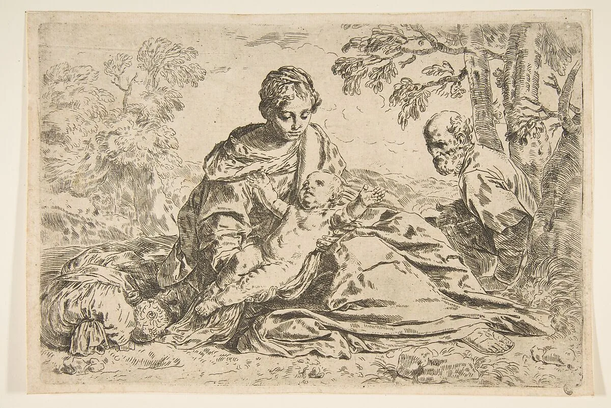 Rest on the flight into Egypt, Mary holding the infant Christ with St. Joseph at right, copy after Cantarini — Simone Cantarini
