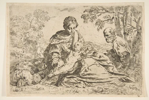 Rest on the flight into Egypt, Mary holding the infant Christ with St. Joseph at right, copy after Cantarini