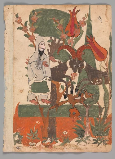 "The Fox and the Battling Rams Observed by the Ascetic", Folio from a Kalila wa Dimna