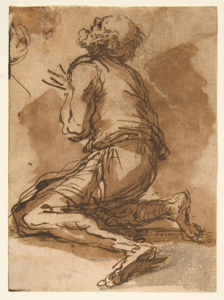 Old Man Kneeling Facing Upper Left — Salvator Rosa