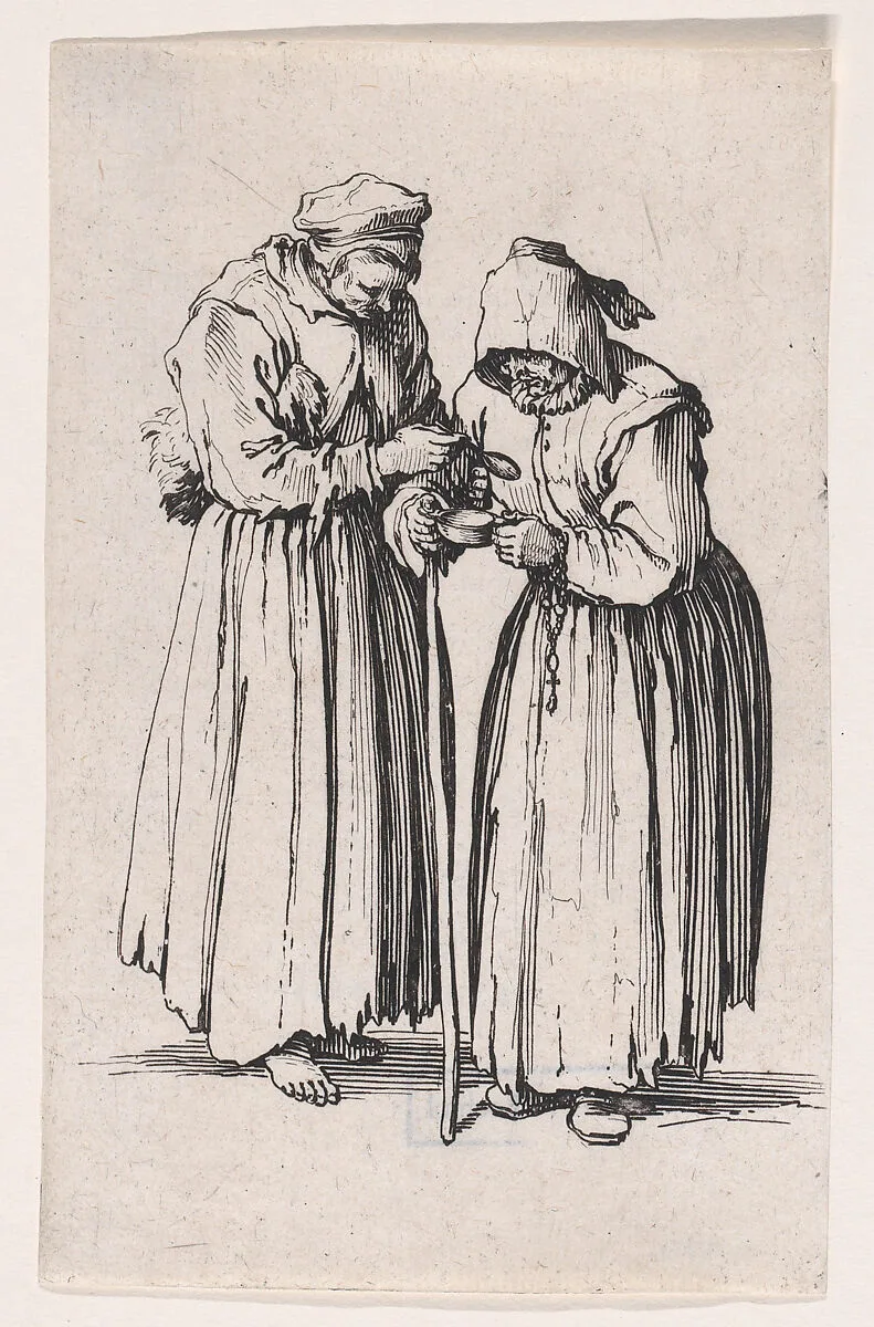 Les Deux Mendiantes (The Two Female Beggars), from Les Gueux suite appelée aussi Les Mendiants, Les Baroni, ou Les Barons (The Beggars, also called the Barons) — Jacques Callot