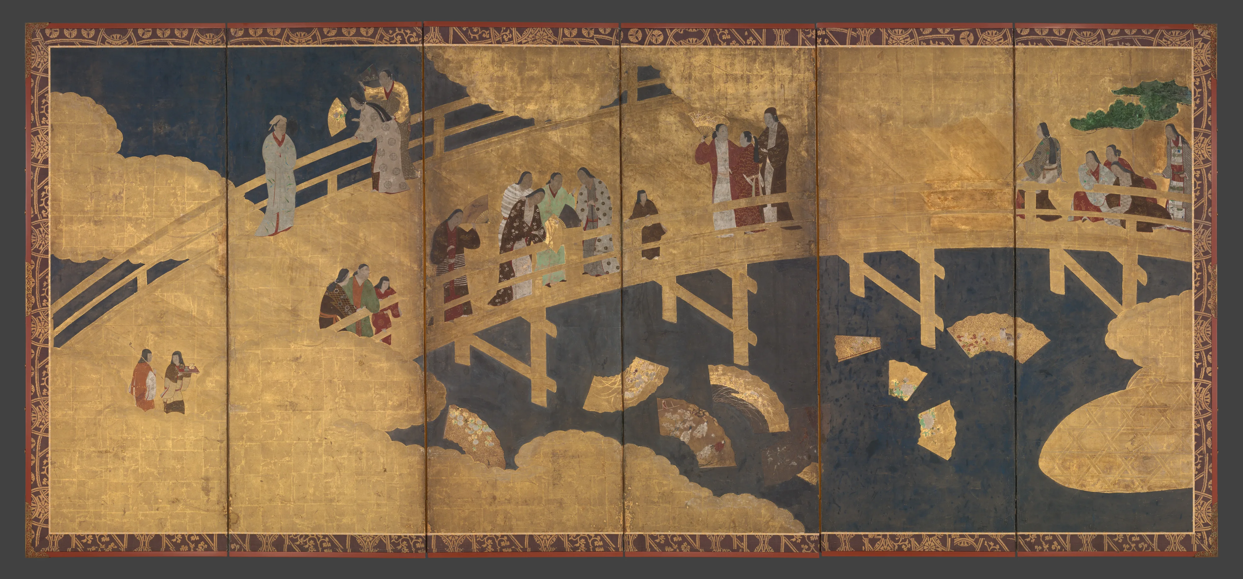 扇流図屏風|Women on a Bridge Tossing Fans into a River — Unknown