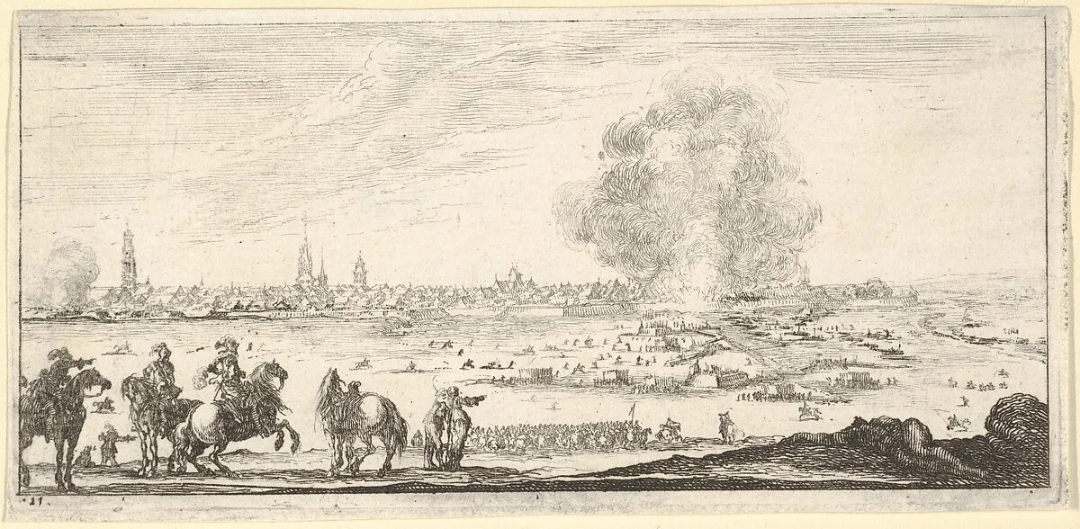 Plate 11: an attack on a city, horsemen in foreground, clouds of smoke and a cityscape in background, from 'Troops, cannons, and attacks on towns' (Dessins de quelques conduites de troupes, canons, et ataques de villes) — Stefano della Bella