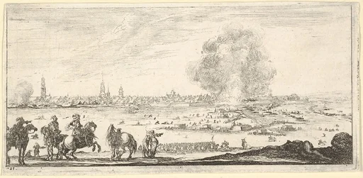 Plate 11: an attack on a city, horsemen in foreground, clouds of smoke and a cityscape in background, from 'Troops, cannons, and attacks on towns' (Dessins de quelques conduites de troupes, canons, et ataques de villes)